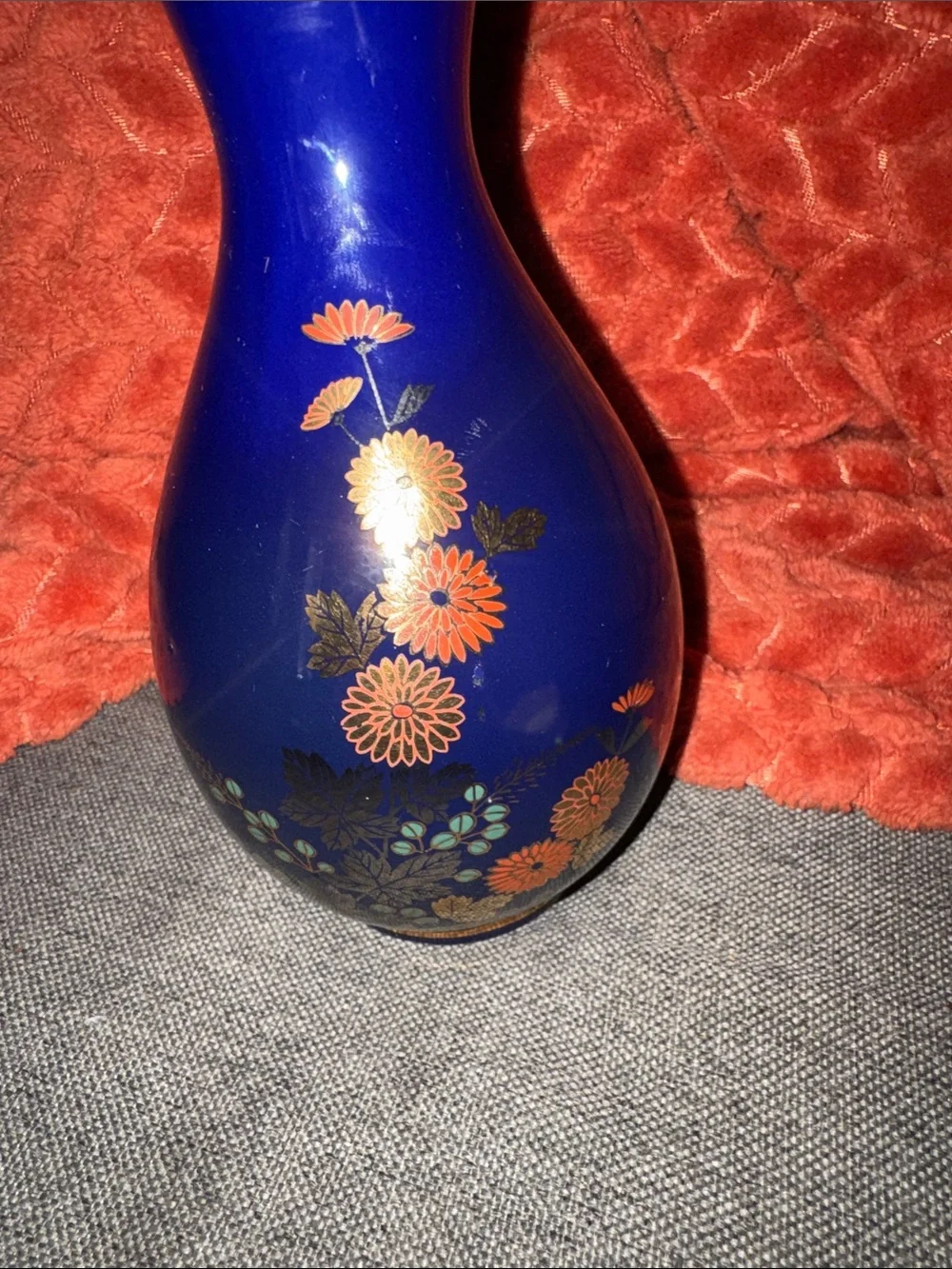Vintage Cobalt Blue Ceramic Bud Vase with Gold Trim & Chrysanthemum Floral Motif